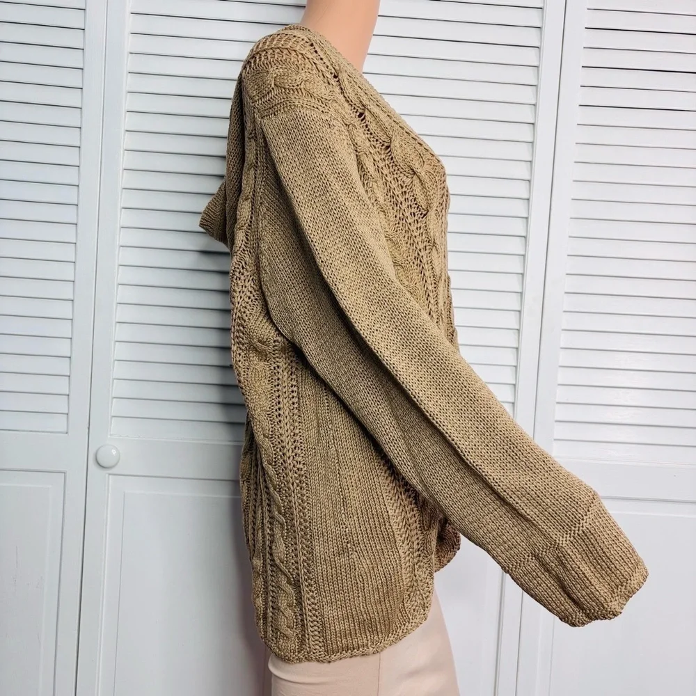 TALBOTS Brown Mercerized Cotton Hooded Cable Knit Sweater Size 3X
